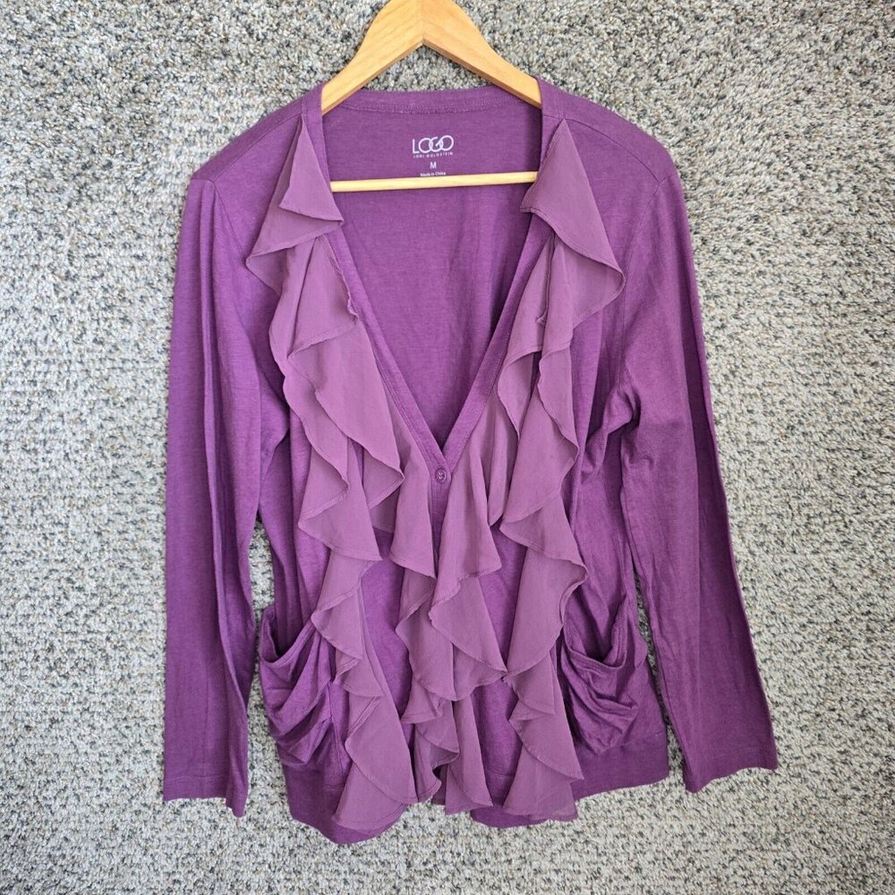 LOGO Lori Goldstein Cardigan Womens Medium Purple Button Up Ruffle Casual Ladies